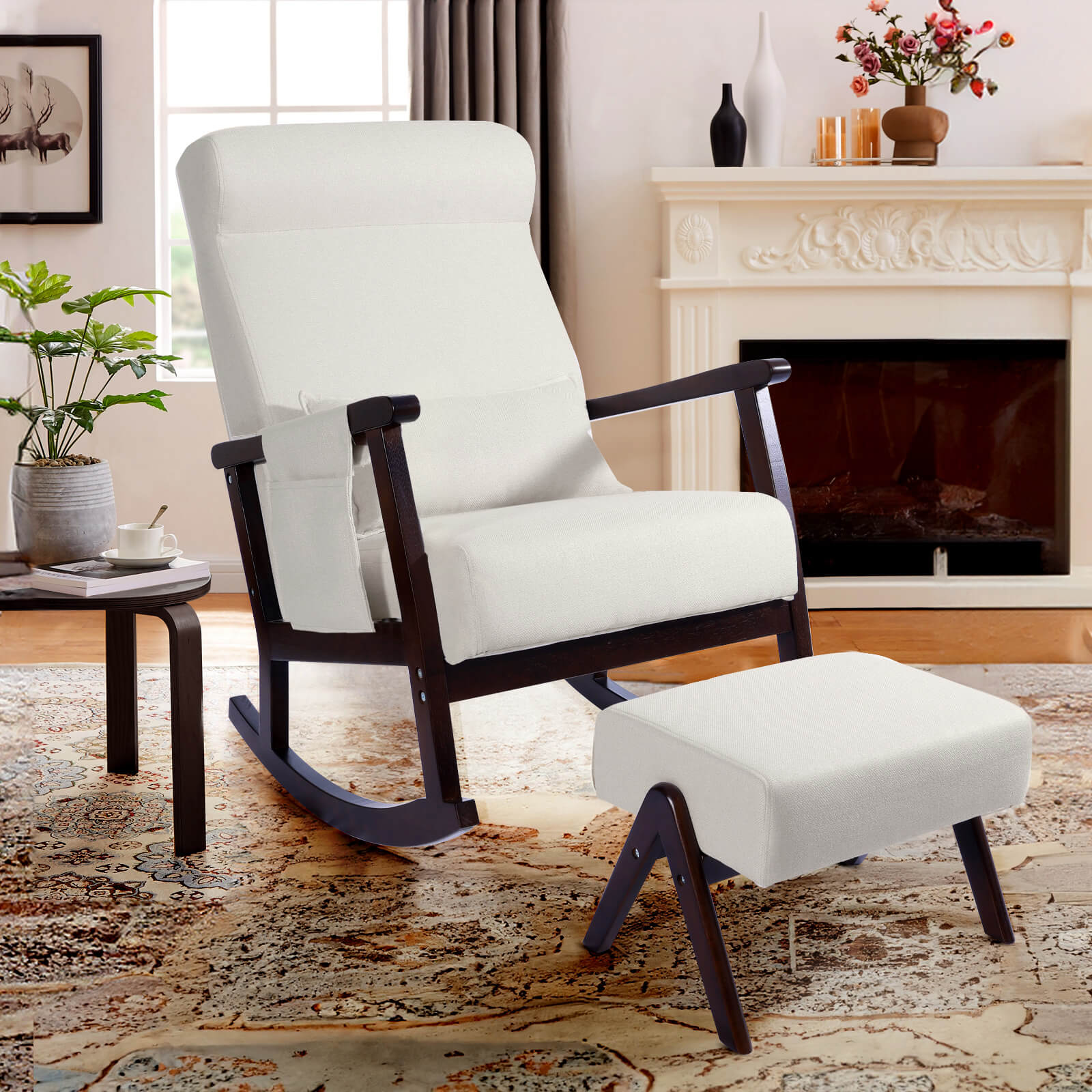 Upholstered Nursery Rocking Chair with Ottoman, Pillow Storage