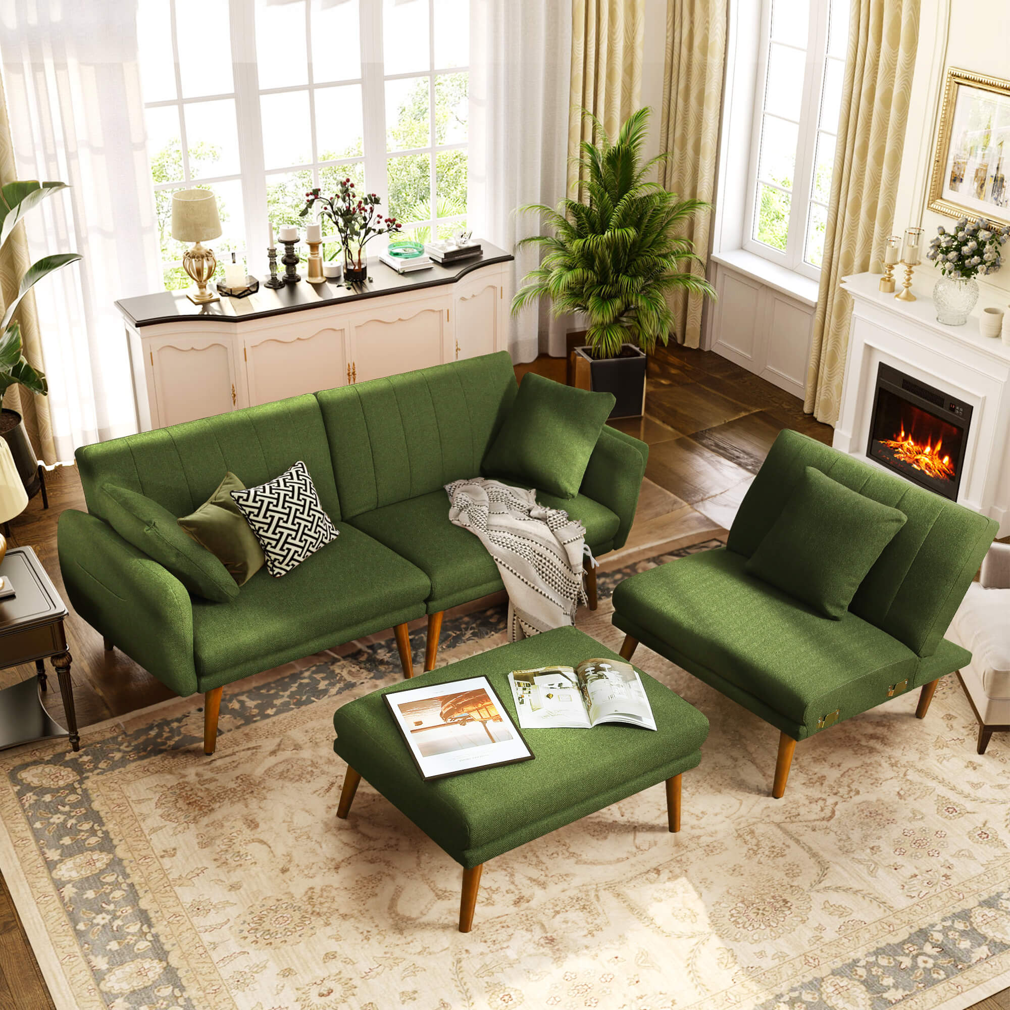 Linen Convertible Sleeper Futon Couch w/ Reclining Backrest & Ottoman, Green