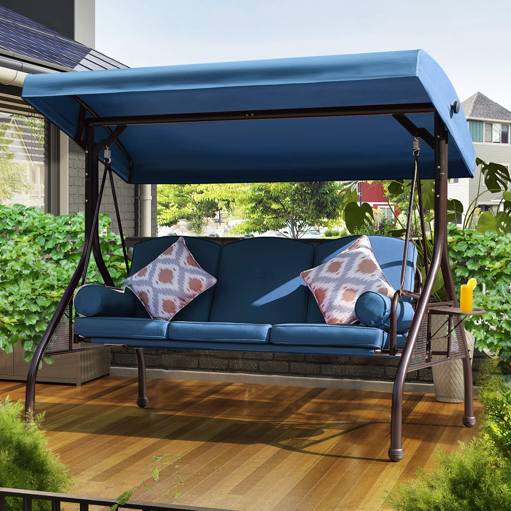 3-Seat Outdoor Porch Swing Chair with Adjustable Canopy, Cup