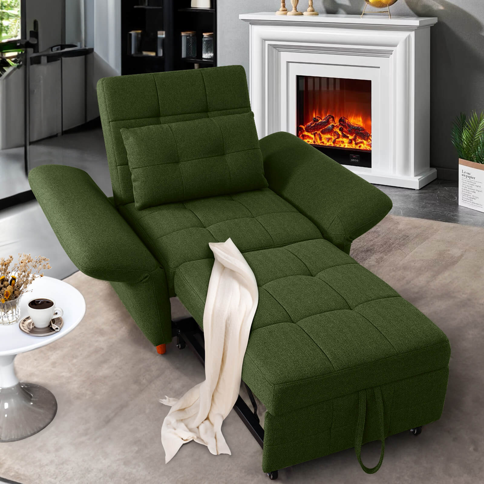 Sleeper Sofa Chair w/ Adjustable Armrest,Backrest Wood Legs