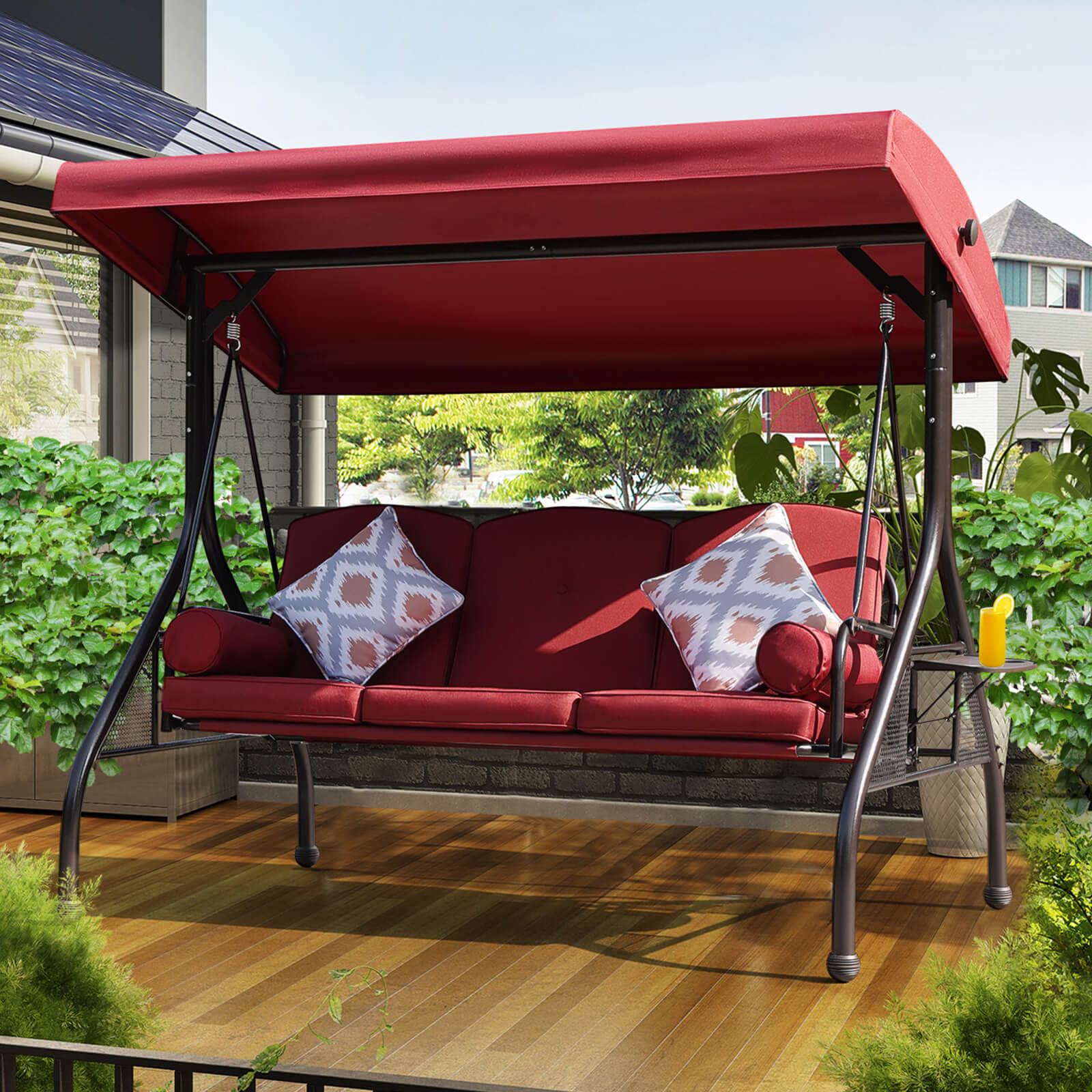3-Seat Outdoor Porch Swing Chair with Adjustable Canopy, Cup