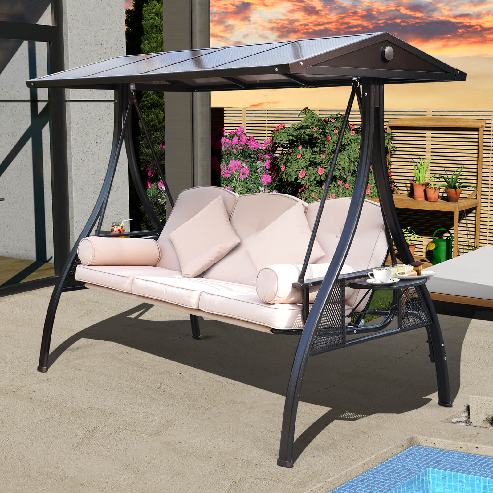 3-Seat Patio Porch Swing with Polycarbonate Canopy, Cushion, Cup