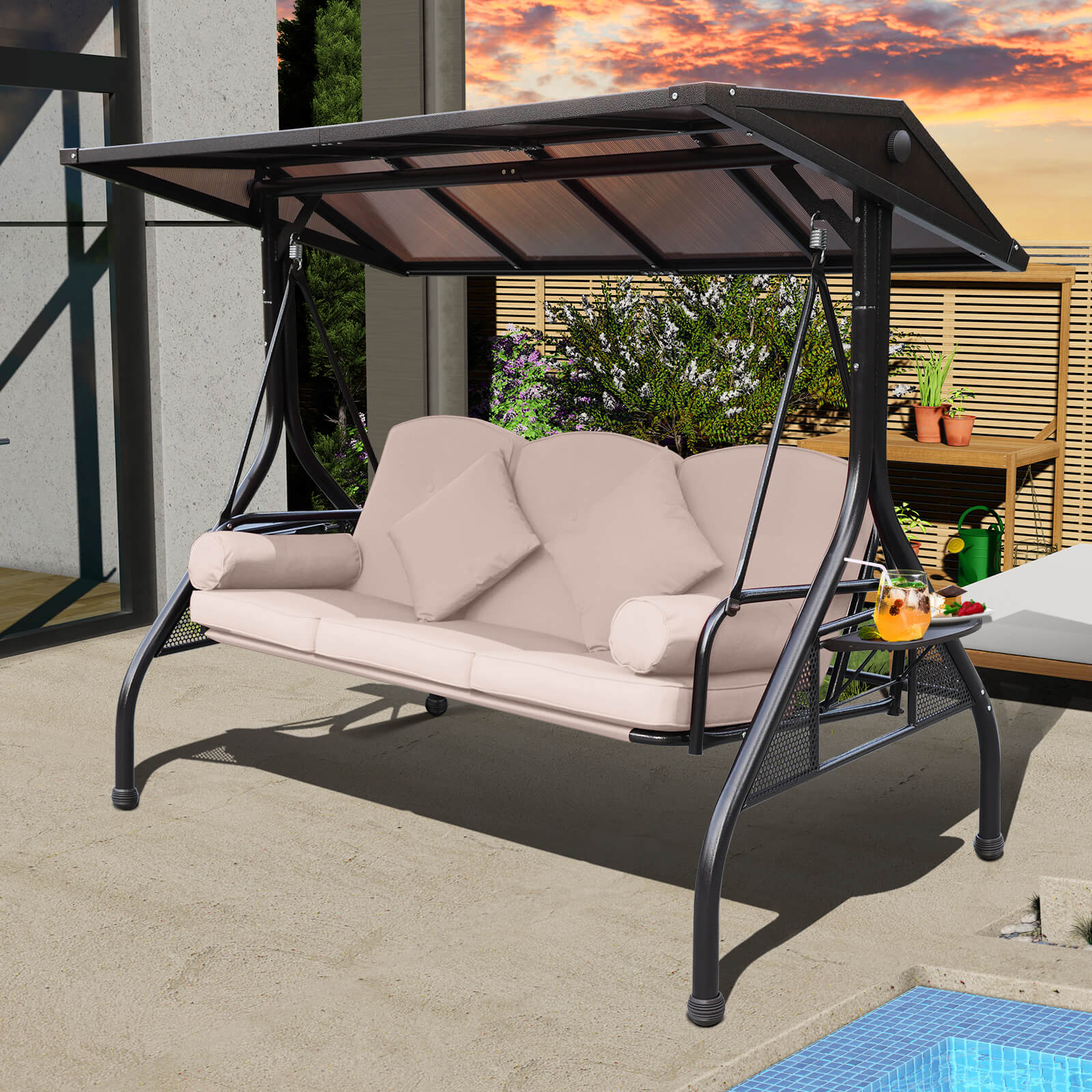 Outdoor Porch Swings with Polycarbonate Canopy, Cup Holders