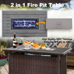 6 Pieces Wicker Patio Conversation Set with 48inch Fire Pit Table, Reclining Chairs, Cushions and Furniture Cover