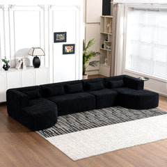 143.7" Upholstered Sofa Free-combined Sofa Couch with Two Chaise Lounge and Five Back Pillows for Living Room, Black