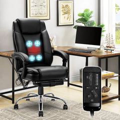 Big and Tall Reclining Ergonomic Office Chair w/ 4 Points Massage, 122℉ Heating, Retractable Footrest & Pillow, Black