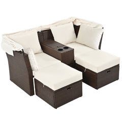 2-Seater Outdoor Double Daybed Patio Loveseat Sofa Set with Foldable Awning and Cushions, Beige