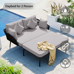 TOPMAX Outdoor Patio Daybed, Woven Nylon Rope Backrest with Washable Cushions for Balcony, Poolside, Set for 2 Person, Gray