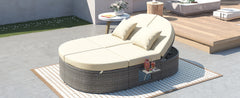 Outdoor Sun Bed Patio 2-Person Daybed with Cushions and Pillows, Rattan Reclining Chaise Lounge with Adjustable Backrests and Foldable Cup Trays, Beige