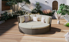 5-Piece Round Rattan Sectional Sofa Set All-Weather Sunbed Daybed with Round Liftable Table and Cushions, Gray