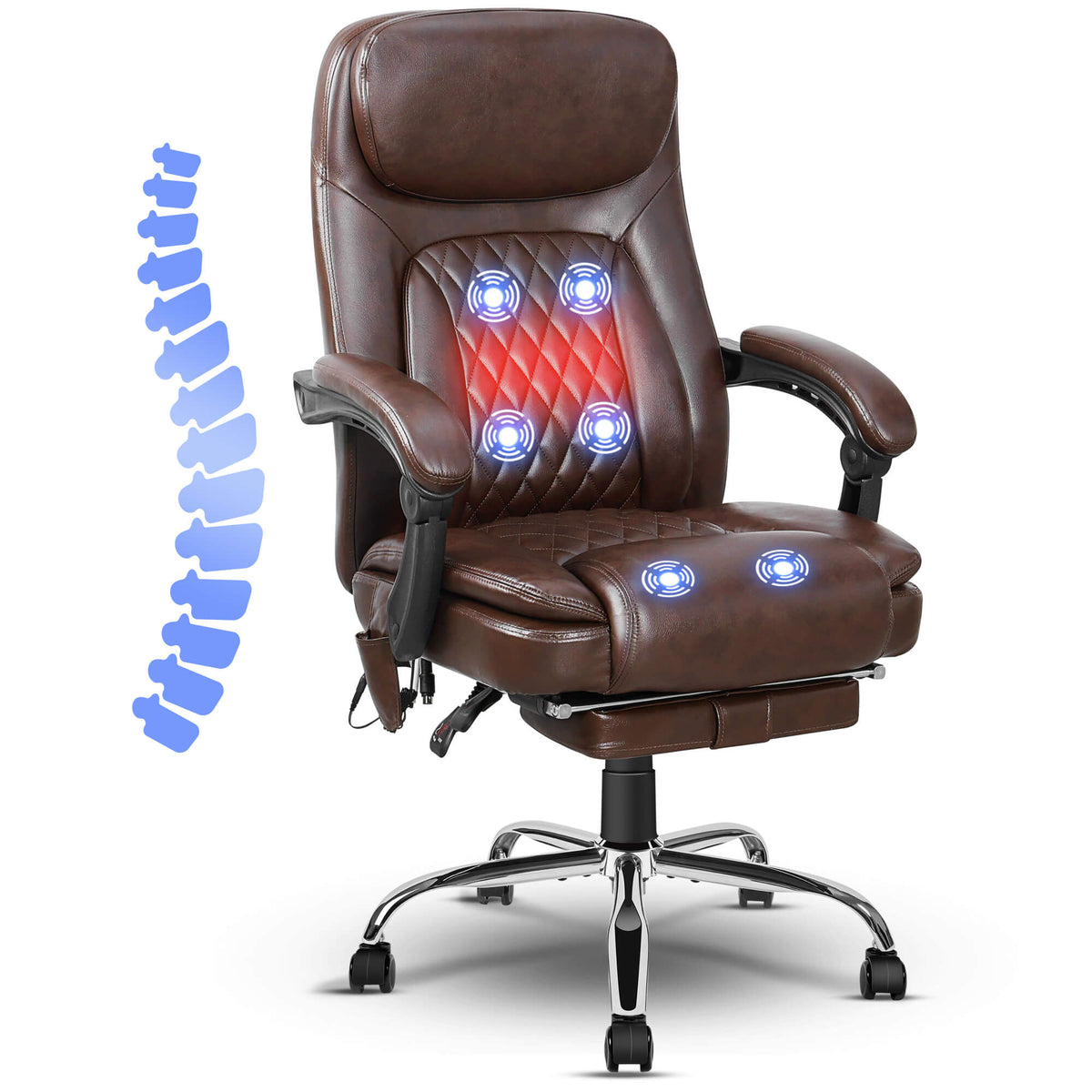 6-Point Massage Office Chairs with Heating, Reclining Backrest, Retractable Footrest, Brown