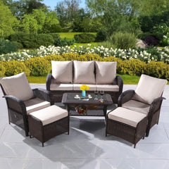 6 Pieces Patio Furniture Set w/ Reclining Chairs, Outdoor Sectional Rattan Conversation Set w/ Ottoman, Coffee Table, Furniture Cover & Khaki Cushions