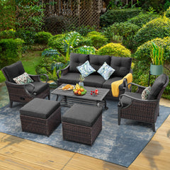 Upgraded 6 Pcs Outdoor Sectional Sofa with Reclining Backrest, Storage Table, Ottomans, Black Cushions