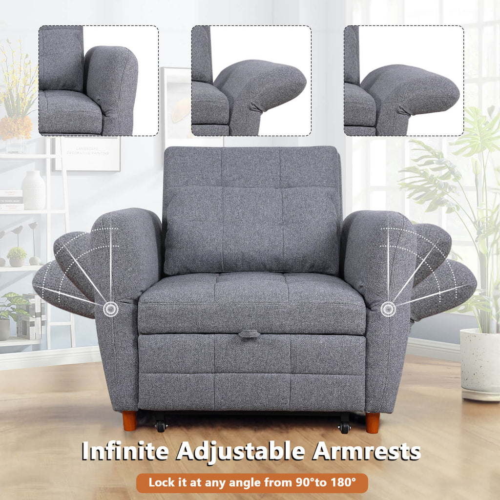 Sleeper Sofa Chair w/ Adjustable Armrest, Backrest & Wood Legs, Gray ...