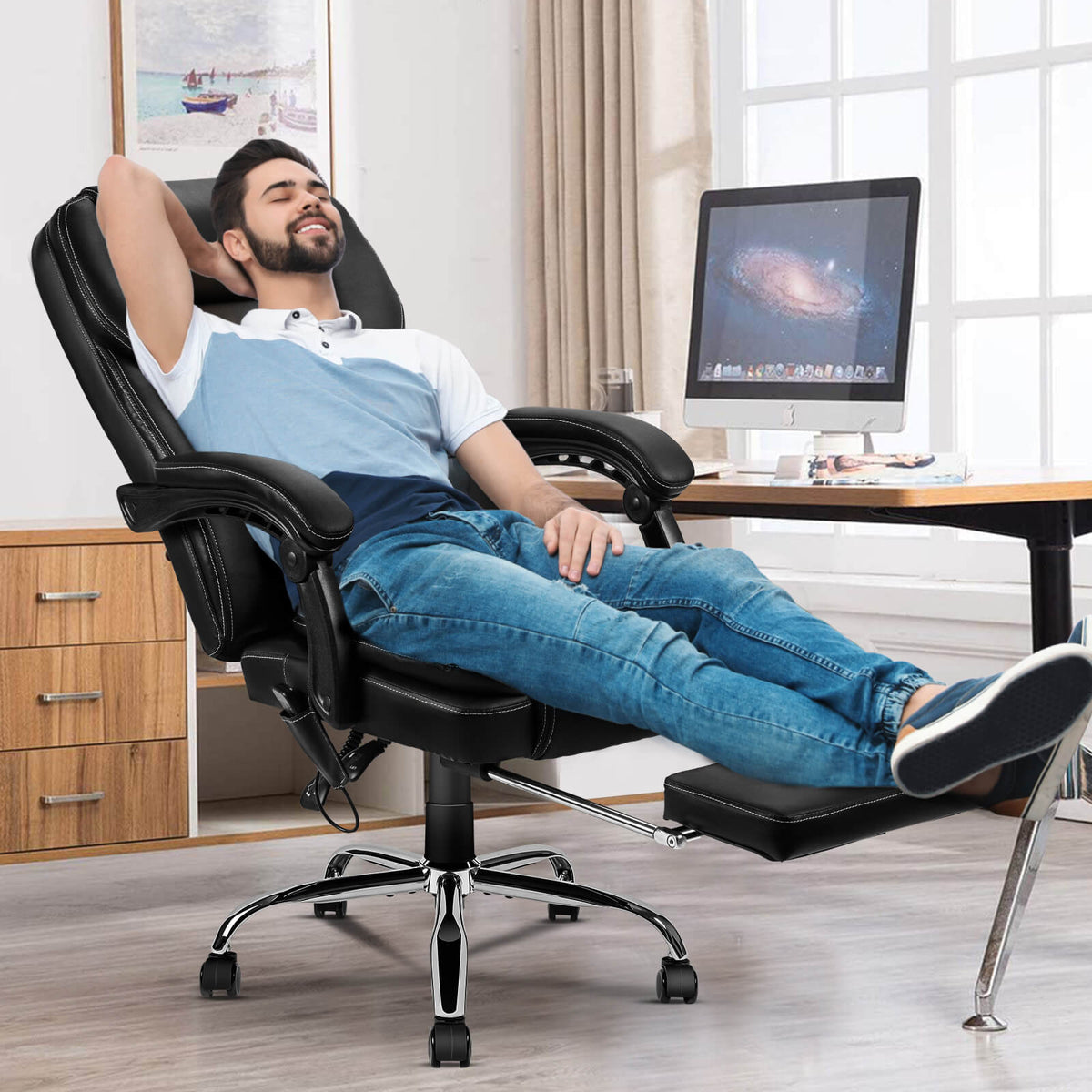 4 Points Massage Ergonomic Office Chair with Heating, Reclining Backrest, Footrest & Lumber Support Pillow, Black 4 Points Massage Ergonomic Office Chair with Heating, Reclining Backrest, Footrest & Lumber Support Pillow, Black