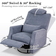 Swivel Rocker Recliner Chair Chenille Upholstered Accent Glider Rocker Recliner with Headrest and Lumbar Support Pillow for Nursery Living Room Bedroom