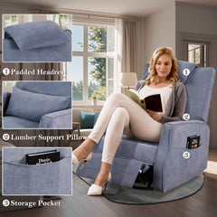 Swivel Rocker Recliner Chair Chenille Upholstered Accent Glider Rocker Recliner with Headrest and Lumbar Support Pillow for Nursery Living Room Bedroom