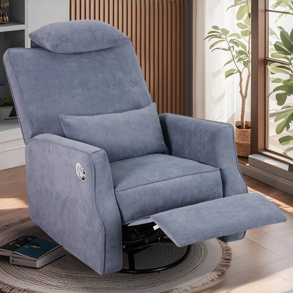 Swivel Rocker Recliner Chair Chenille Upholstered Accent Glider Rocker Recliner with Headrest and Lumbar Support Pillow for Nursery Living Room Bedroom