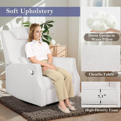 Swivel Rocker Recliner Chair Chenille Upholstered Accent Glider Rocker Recliner with Headrest and Lumbar Support Pillow