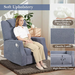 Swivel Rocker Recliner Chair Chenille Upholstered Accent Glider Rocker Recliner with Headrest and Lumbar Support Pillow for Nursery Living Room Bedroom