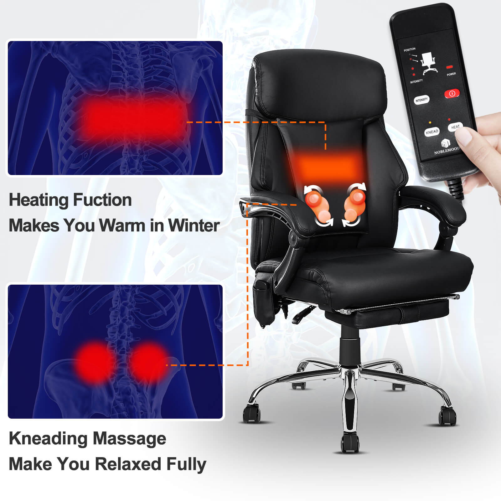 NOBLEMOOD Heated Office Chair with 4 Massage Points, High Back Executive  Desk Chair with Footrest and Lumbar Pillow, Adjustable Backrest Reclining