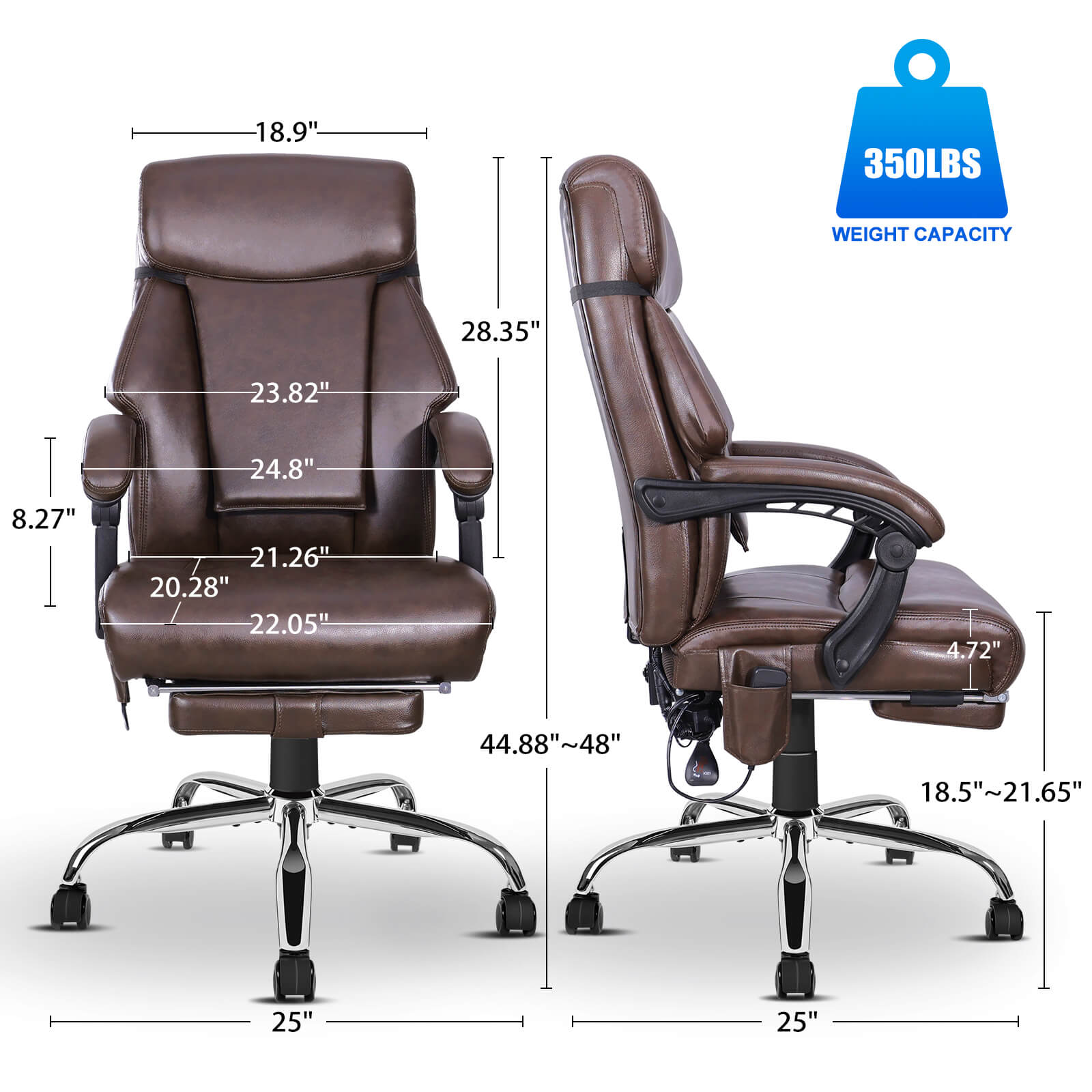 Kneading Massage Office Chair with Heating, Infinite Reclining Backrest, Retractable Footrest & Back Cushion, Brown