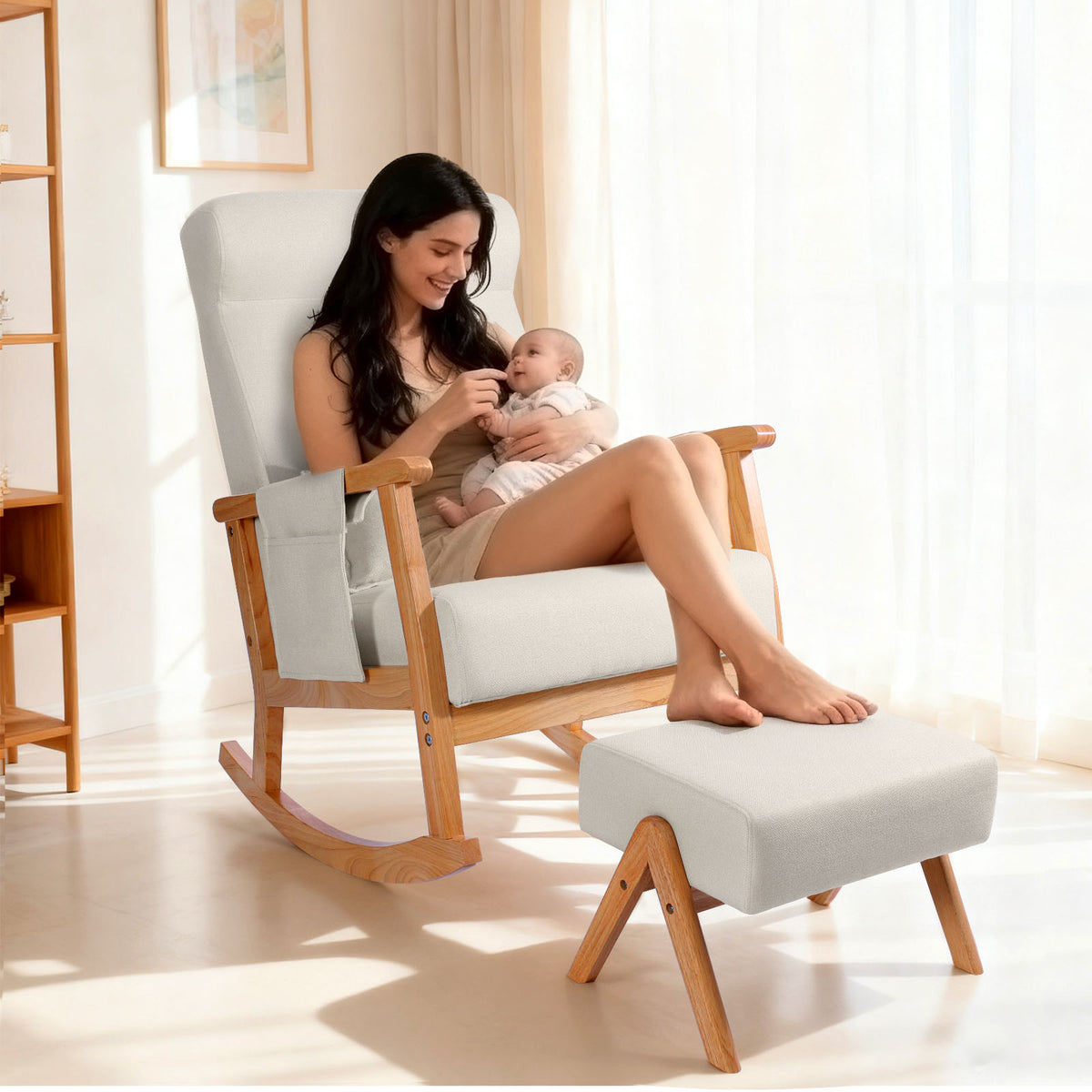 Upholstered Nursery Rocking Chair with Ottoman, Rubber Foot Pad, Detachable Storage Bag & Pillow