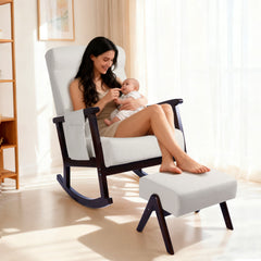 Nursery Rocking Chair with Ottoman, High Back Upholstered Rocker w/ Rubber Foot Pad, Detachable Storage Bag & Pillow