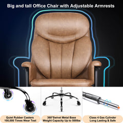 500lbs Big and Tall Office Chair for Heavy People, Heavy Duty Ergonomic Office Chair with Adjustable Lumbar Support and Wide Seat, Brown