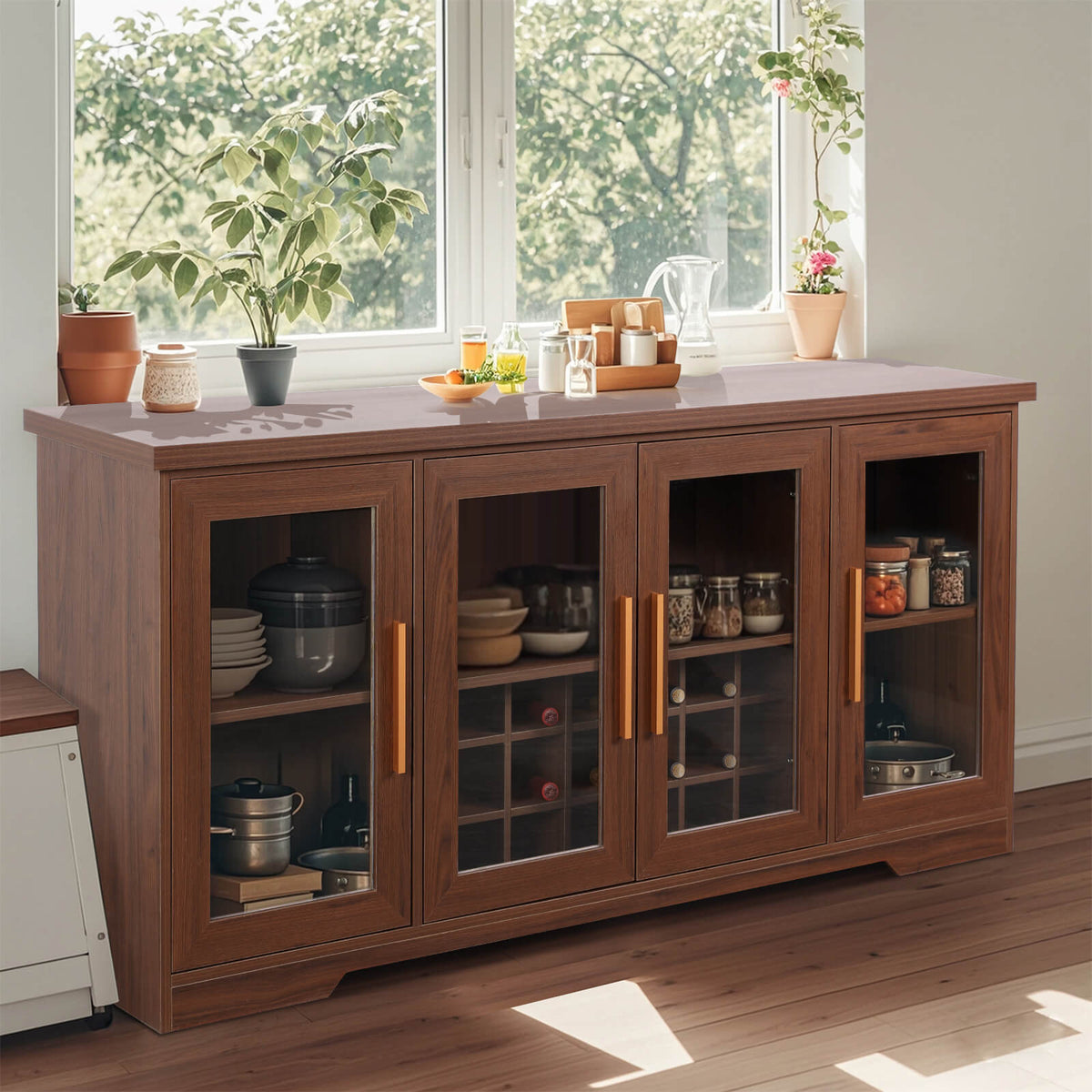 66” Large Sideboard Buffet Cabinet with Wine Holder Rack, Wood Kitchen Buffet Storage Cabinet with 4 Glass Doors,Adjustable Shelves, Brown