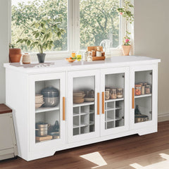 66” Large Sideboard Buffet Cabinet with Wine Holder Rack, Wood Kitchen Buffet Storage Cabinet with 4 Glass Doors,Adjustable Shelves, White