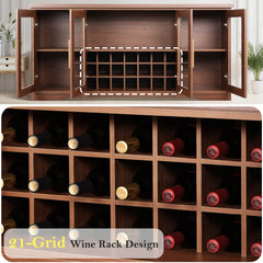 66” Large Sideboard Buffet Cabinet with Wine Holder Rack, Wood Kitchen Buffet Storage Cabinet with 4 Glass Doors,Adjustable Shelves, Brown