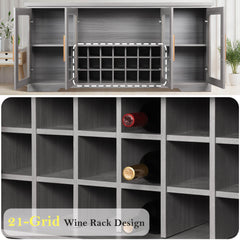 66” Large Sideboard Buffet Cabinet with Wine Holder Rack, Wood Kitchen Buffet Storage Cabinet with 4 Glass Doors,Adjustable Shelves, Grey