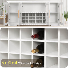 66” Large Sideboard Buffet Cabinet with Wine Holder Rack, Wood Kitchen Buffet Storage Cabinet with 4 Glass Doors,Adjustable Shelves, White