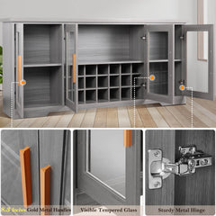 66” Large Sideboard Buffet Cabinet with Wine Holder Rack, Wood Kitchen Buffet Storage Cabinet with 4 Glass Doors,Adjustable Shelves, Grey