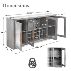 66” Large Sideboard Buffet Cabinet with Wine Holder Rack, Wood Kitchen Buffet Storage Cabinet with 4 Glass Doors,Adjustable Shelves, Grey