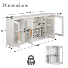 66” Large Sideboard Buffet Cabinet with Wine Holder Rack, Wood Kitchen Buffet Storage Cabinet with 4 Glass Doors,Adjustable Shelves, White