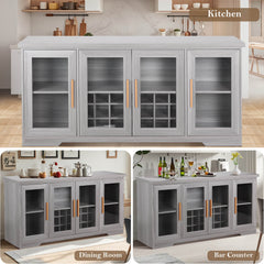 66” Large Sideboard Buffet Cabinet with Wine Holder Rack, Wood Kitchen Buffet Storage Cabinet with 4 Glass Doors,Adjustable Shelves, Grey