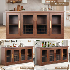 66” Large Sideboard Buffet Cabinet with Wine Holder Rack, Wood Kitchen Buffet Storage Cabinet with 4 Glass Doors,Adjustable Shelves, Brown