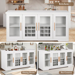 66” Large Sideboard Buffet Cabinet with Wine Holder Rack, Wood Kitchen Buffet Storage Cabinet with 4 Glass Doors,Adjustable Shelves, White