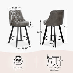 26” Counter Height Bar Stools Set of 2, Upholstered Island Chairs Stool, 360° Swivel Faux Leather Bar Chairs with Footrest, Grey