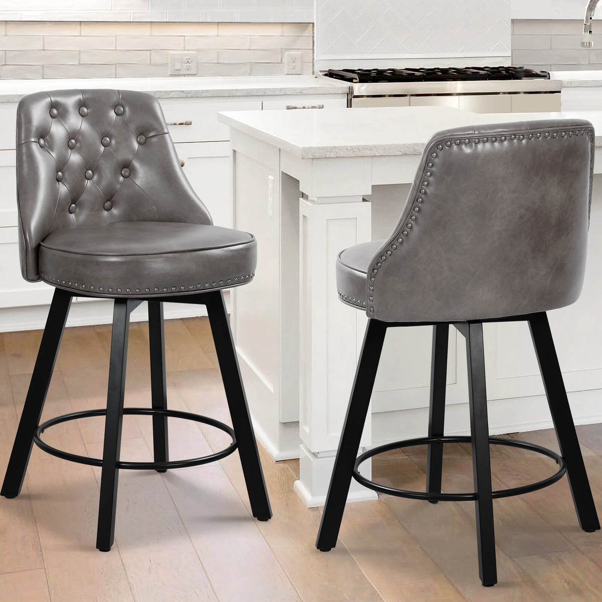 26” Counter Height Bar Stools Set of 2, Upholstered Island Chairs Stool, 360° Swivel Faux Leather Bar Chairs with Footrest, Grey