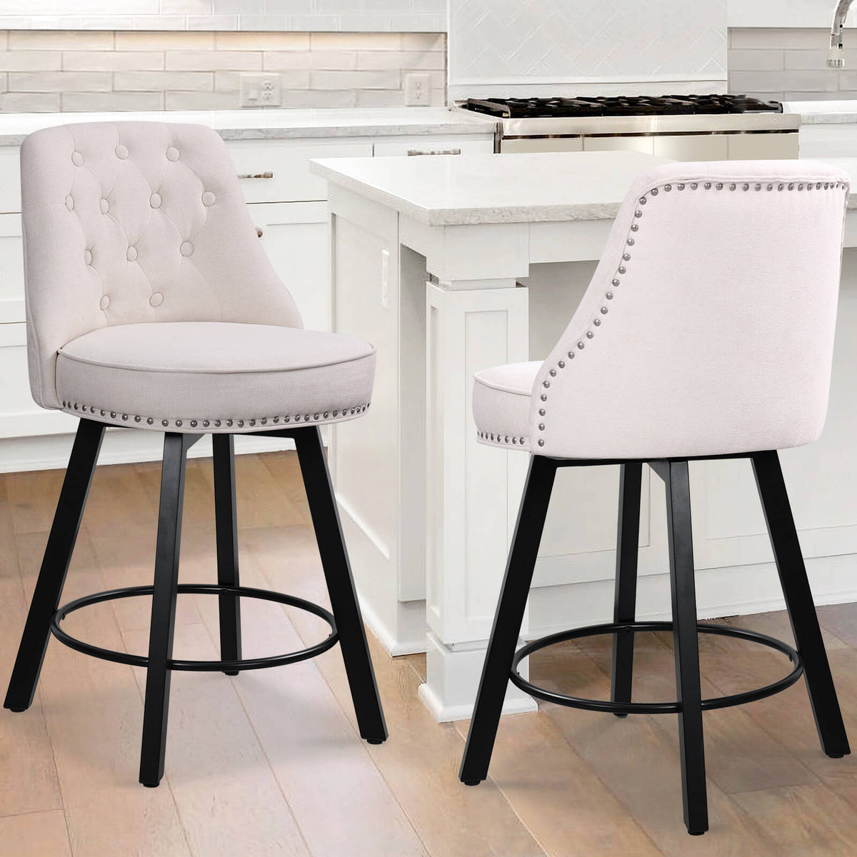 26” Counter Height Bar Stools Set of 2, Upholstered Island Chairs Stool, 360° Swivel Fabric Bar Chairs with Footrest, Beige