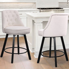 26” Counter Height Bar Stools Set of 2, Upholstered Island Chairs Stool, 360° Swivel Fabric Bar Chairs with Footrest, Beige