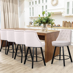 26” Counter Height Bar Stools, Upholstered Island Chairs Stool, 360° Swivel Fabric Bar Chairs with Footrest, Beige