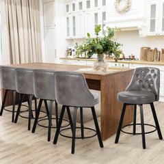 26” Counter Height Bar Stools Set of 2, Upholstered Island Chairs Stool, 360° Swivel Faux Leather Bar Chairs with Footrest, Grey