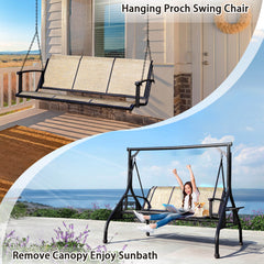 Patio Porch Swings with Adjustable Canopy, 3-Person Textline Seat, 2 Foldable Side Trays, Light Coffee