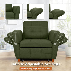 3-in-1 Sleeper Sofa Chair Bed w/ Adjustable Armrests, 3 Level Adjustable Backrest, Wood Legs & Pillow, Moss Green