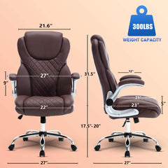 Ergonomic Office Chair with Flip-up Armrests and Wheels, Leather Rocking Executive Office Chair with Spring Box Seat Cushion, Brown