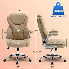 Ergonomic Office Chair with Flip-up Armrests and Wheels, Leather Rocking Executive Office Chair with Spring Box Seat Cushion, Khaki